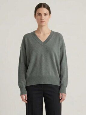 Massimo Dutti 100% Cashmere Relaxed V-Neck Sweater Sage Green Gray S